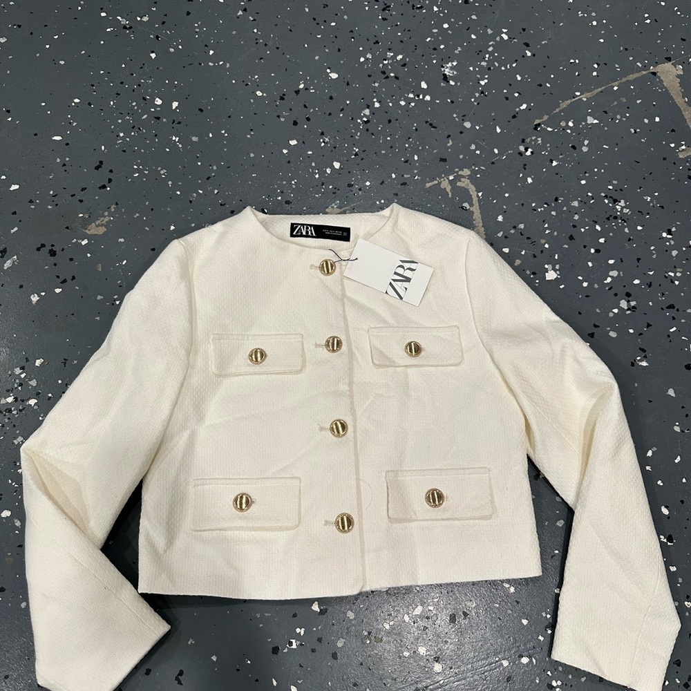 Zara Off-White Cropped Jacket with Gold Accents